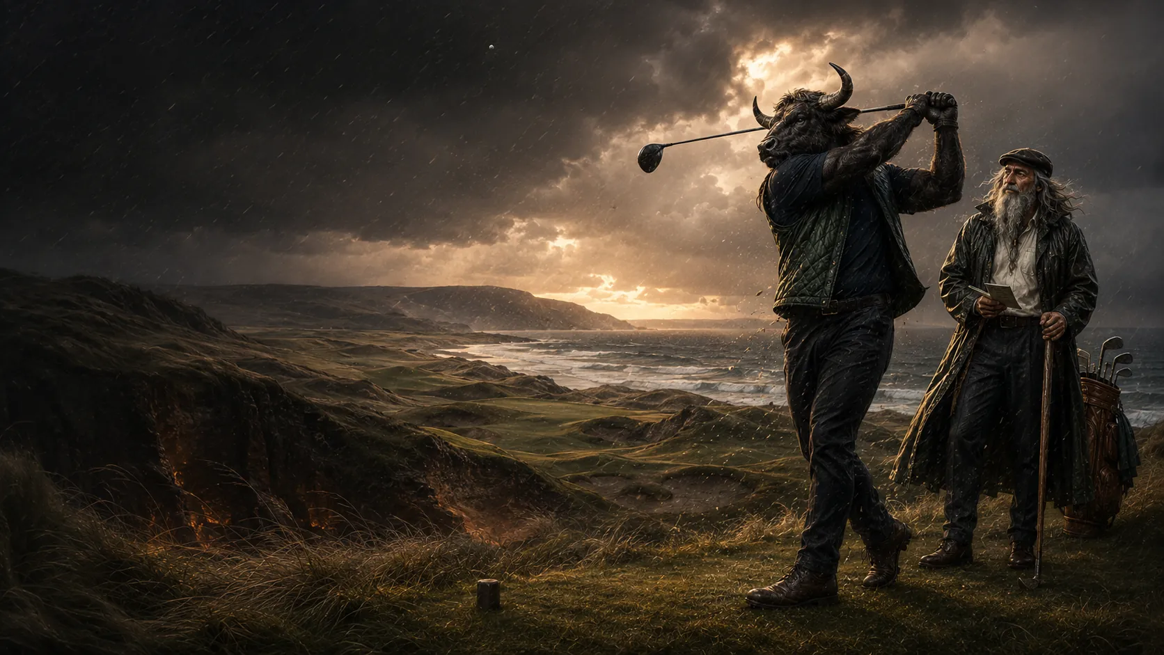An original minotaur drives into fierce Atlantic wind while a wizard watches over a stormy links finale.