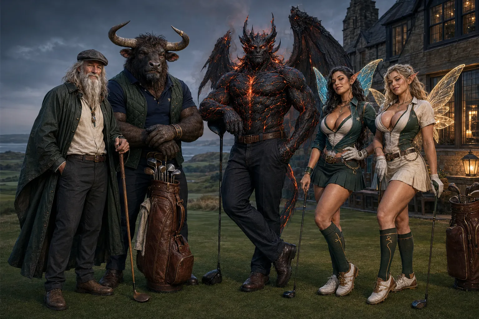 An original wizard, minotaur, infernal golfer and two adult fairy caddies gather beside golf bags at a fictional coastal lodge.