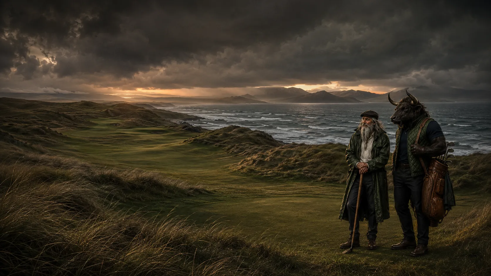 An original silver-bearded wizard and minotaur golfer overlook a stormy Atlantic links landscape at dawn.