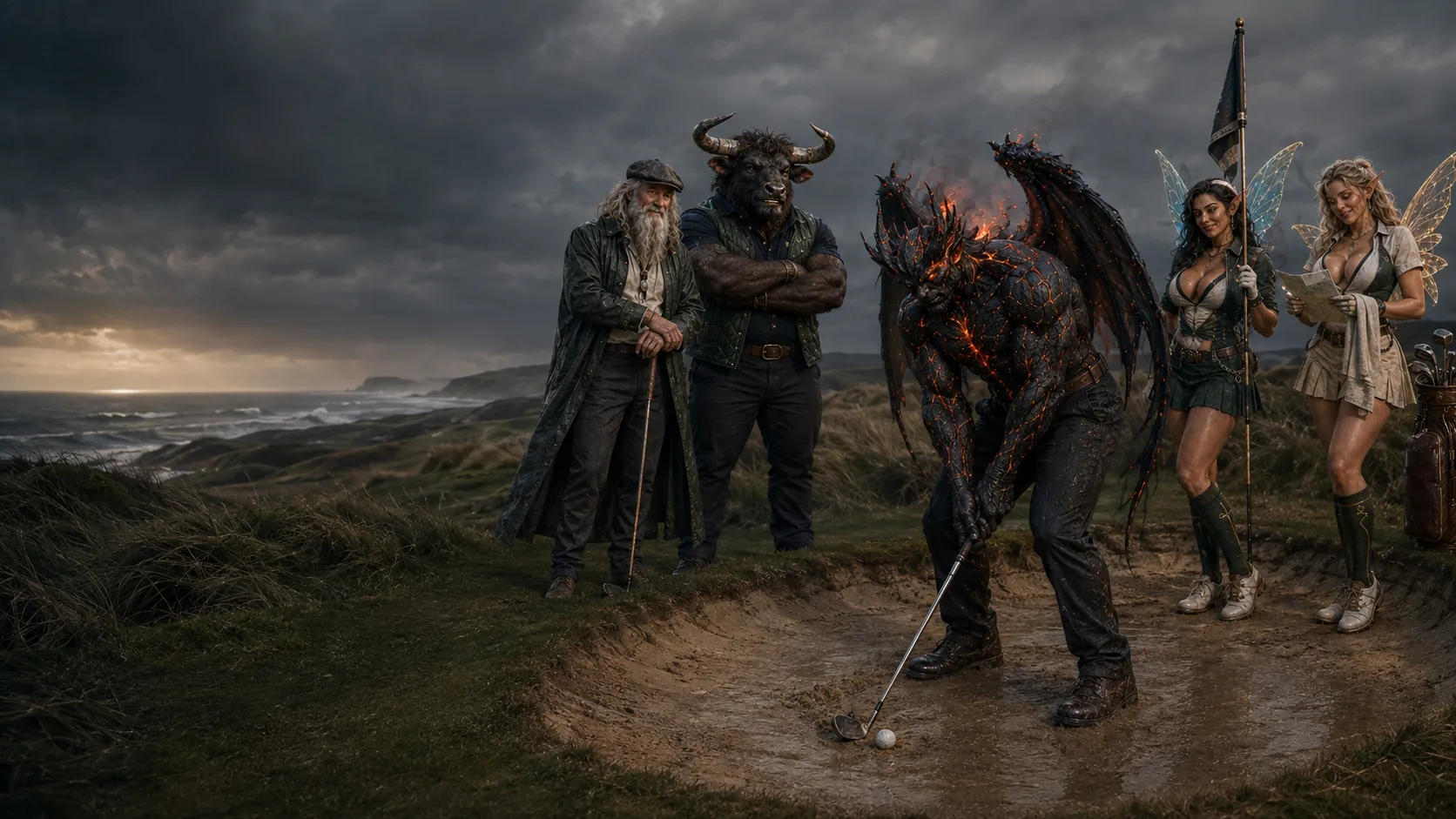 An original infernal golfer plays a bunker shot while a wizard, minotaur and two adult fairy caddies watch.