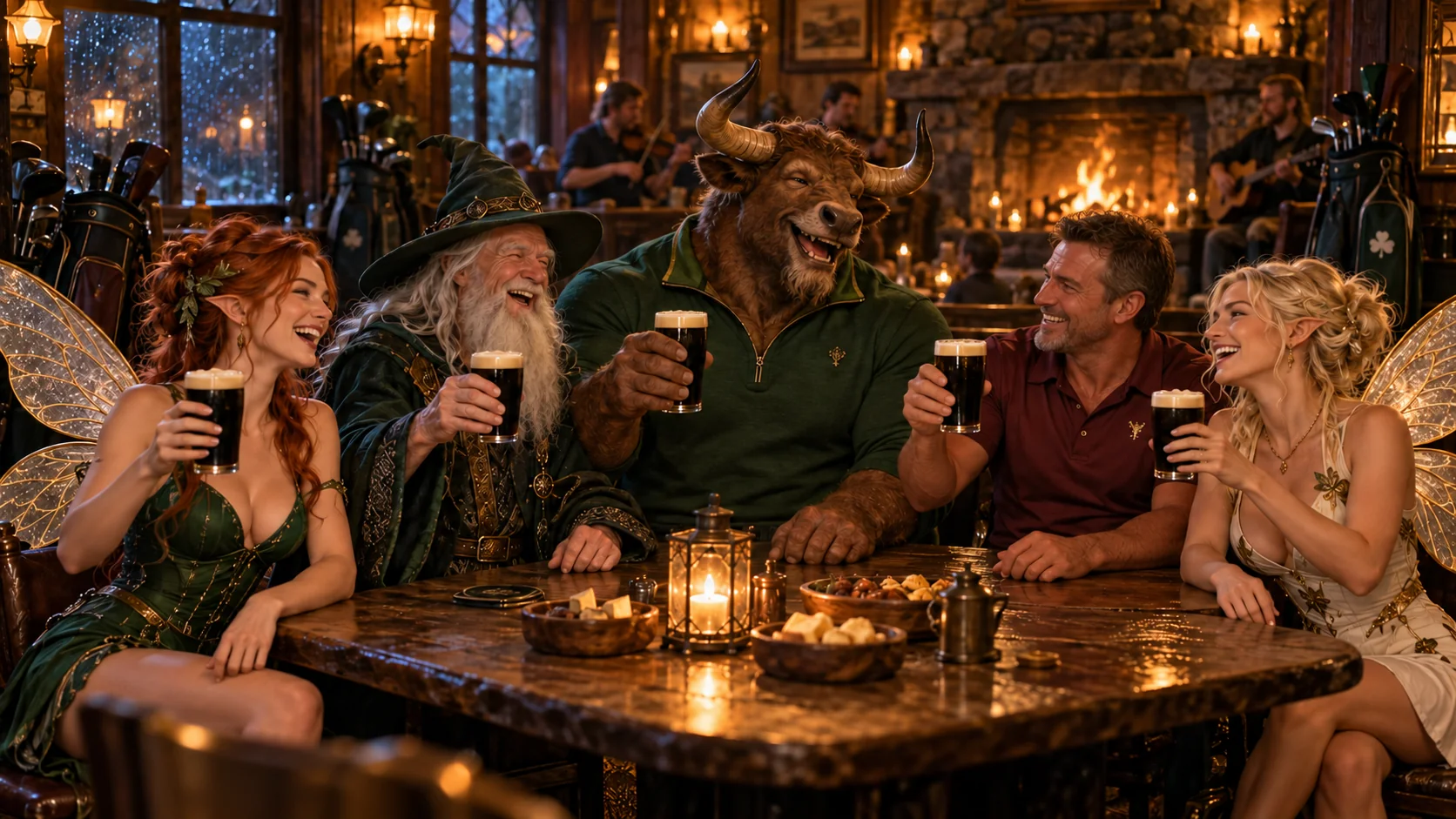 A wizard, minotaur, human golfer and two adult fairy caddies laugh and raise pints together in a warmly lit fictional Irish pub.