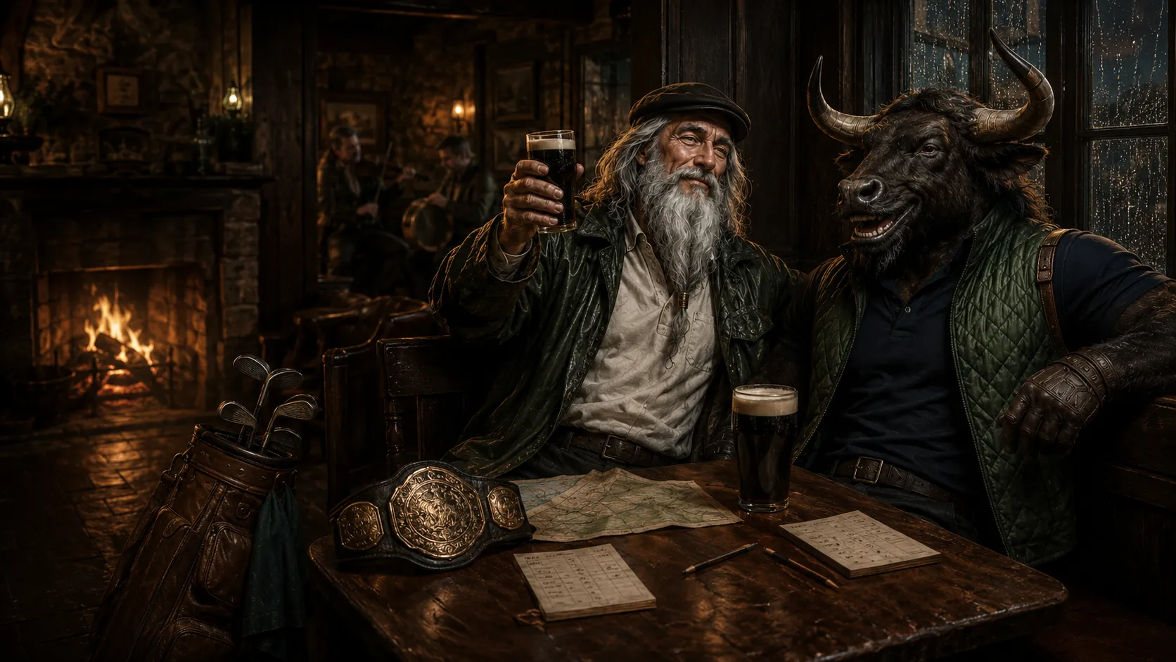 An original wizard and minotaur toast beside scorecards in a warm fictional pub.